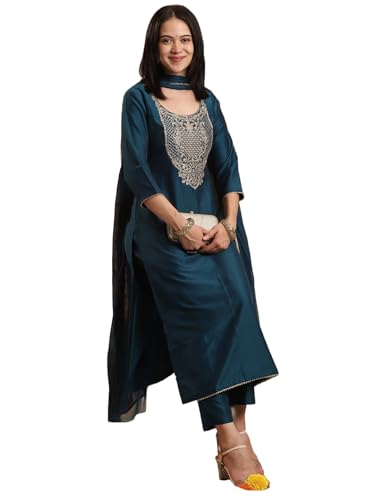 Anni Designer Women'S Rayon Blend Straight Embroidered Kurta With Pant & Dupatta (Sikand Cerosin_Xl_Dark Blue_X-Large),Dark Blue,XL