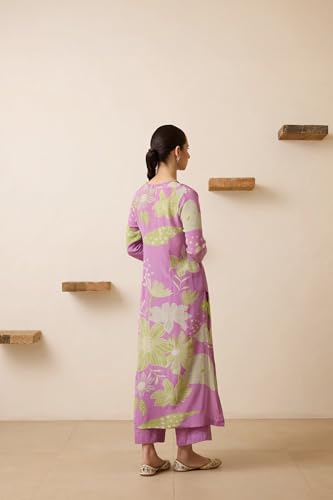 Anni Designer Women'S Cotton Blend Straight Printed Kurta With Pant (Wanda Purple_M_Purple_Medium),Purple,M,Cotton Blend,Regular,