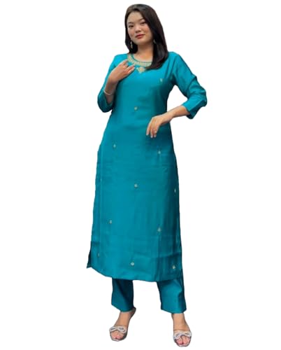 Anni Designer Women'S Rayon Blend Straight Embroidered Kurta With Pant (Bloom Sky Blue_Xxl_Sky Blue_Xx-Large),Sky Blue,2XL