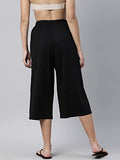 Enamor Essentials Women's High Waisted Relaxed Fit Capri Length Breathable Pure Cotton Culottes with Pockets & Adjustable Drawstring - E402(E402-Jet Black-XL),Jet Black