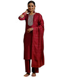 Libas Gerua Womens Yoke Design Silk Blend Straight Kurta With Trousers And Dupatta