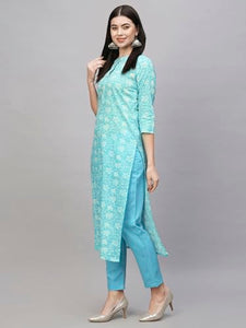 Gosriki Women'S Cotton Blend Straight Printed Kurta With Pant (Evika Blue-Nw-Gs_L_Blue_Large),Blue,,B0CSG5417Z
