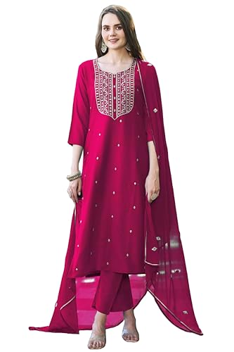 Anni Designer Women'S Rayon Viscose Embroidered Straight Kurta With Pant & Dupatta (Kasturi Pink-Vks03_Xl_Pink_X-Large),Pink,XL