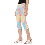 OM SAI LATEST CREATION Women's Tie-Dye Calf Length Capri Cropped Leggings Cotton Lycra Fabric Slim Fit 3/4th | Pants (Grey_L) (Small Yellow),Yellow