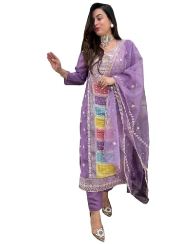 Anni Designer Women'S Rayon Viscose Straight Embroidered Kurta With Pant & Dupatta (Art Purple-Vks01_Xl_Purple_X-Large),Purple,XL