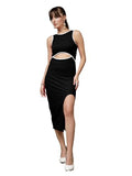 OOMPH! Women's Western & Fusion wear Stretchable Midi Lycra Dress for Women Bodycon Black - md1087,Jet Black