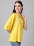 Kotty Women'S Printed, Typography Round Neck Cotton Blend 3/4 Sleeve T-Shirt(Yellow,L)