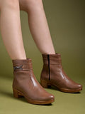 Women'S Tan Ankle Boots With Side Zipper And Metal Detail Low Heel Faux Leather Booties For Everyday Comfort And Style Eu39,Tan,6,B0DM6CGYPN