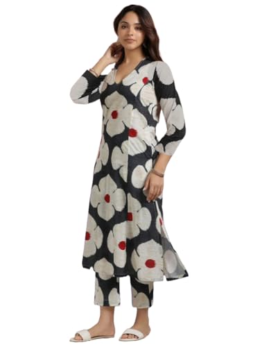 Anni Designer Women'S Cotton Blend Straight Printed Kurta With Pant (Chunilal White_M_White_Medium),Black,M