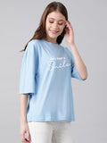 KOTTY Women's Printed Typography Round Neck Cotton Blend 3/4 Sleeve T-Shirt(Blue S),Sky Blue