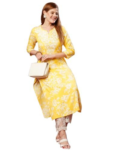 Gosriki Women'S Cotton Blend Chikankari Embroidered Straight Kurta (Zainab Yellow-Jb-Gs_Xl_Yellow_X-Large),Yellow,,B0D7M9Z47K