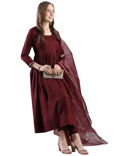 Gosriki Women'S Rayon Blend Anarkali Solid Kurta With Pant & Dupatta (Jaynti Wine-Vks03-Gs_S_Wine_Small),Wine,,B0DJWJTLCY