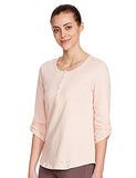 Enamor Essentials Women's Slim Fit Henley Neck 3/4th Sleeves Cotton Tee with Snap Button Placket Front & Sleeve Tab - E129(E129-Pink Pearl W/Energy-S),Pink Pearl W/Energy