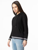Fyltr Women'S Hoodie With Stripe Rib Detail - Sporty Raglan Sleeve | Spacious Side Pockets | Full Zipper | Casual Winterwear For Women,Every Ebony,Every Ebony,Xl