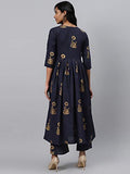 Gosriki Women'S Navy Blue & Golden Floral Printed Kurta With Palazzos,Blue,2,B08QDDQBRW