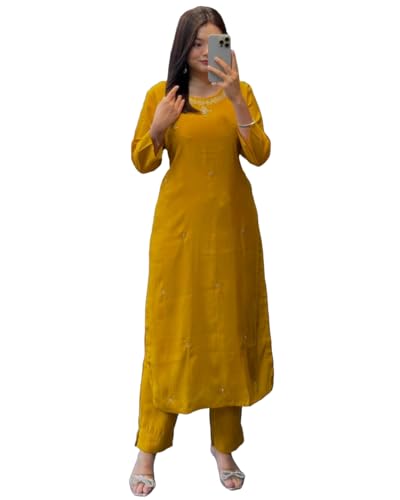 Anni Designer Women'S Rayon Blend Straight Embroidered Kurta With Pant (Bloom Yellow_S_Yellow_Small),Yellow,S