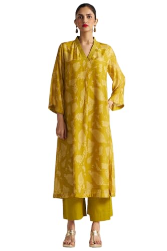 Gosriki Women'S Rayon Blend Anarkali Printed Kurta With Palazzo (Sepia Mustard-Gs_S_Yellow_Small),Yellow,,B0DJWGF9WR