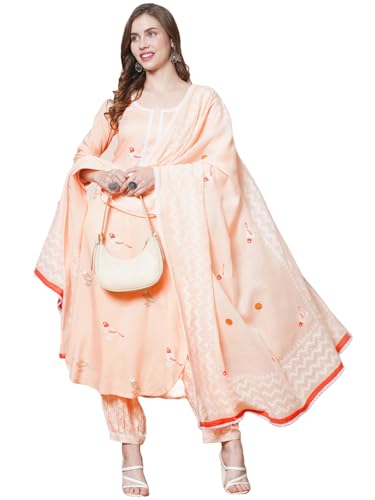 Gosriki Women'S Rayon Blend Straight Hand Block Printed Kurta With Pant & Dupatta (Ragsri Peach-Vks03-Gs_M_Peach_Medium),Peach,,B0DGQQQ24J