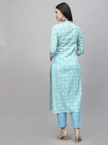 Gosriki Women'S Cotton Blend Straight Printed Kurta With Pant (Evika Blue-Nw-Gs_L_Blue_Large),Blue,,B0CSG5417Z