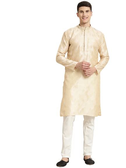 Sojanya (Since 1958 Men'S Jacquard Silk Cream & Self Design Kurta & Off White Churidar Pyjama Set
