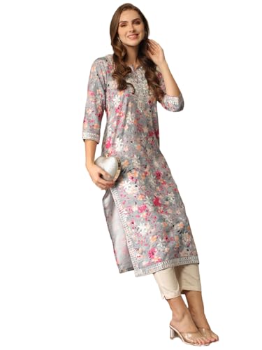 Anni Designer Women'S Rayon Blend Chikankari Embroidered Straight Kurta (Kisrup-Multi-Nw_L_Grey_Large),Grey,L