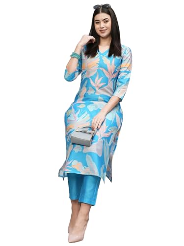 Anni Designer Women'S Cotton Blend Straight Printed Kurta With Pant (Jonaki Blue_Xl_Blue_X-Large),Blue,XL