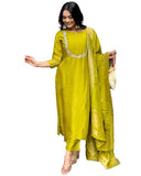 Anni Designer Women'S Silk Blend Straight Embroidered Kurta With Pant & Dupatta (Deluxe Green_Xl_Green_X-Large),Green,XL