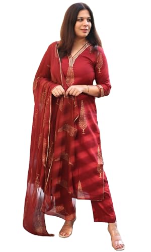 Gosriki Women'S Rayon Blend Straight Printed Kurta With Pant & Dupatta (Nachiket Maroon-Gs_Xl_Maroon_X-Large),Maroon,,B0DD766BHD