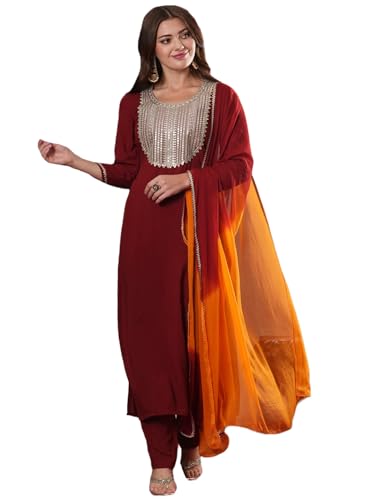 Anni Designer Women'S Cotton Blend Straight Embroidered Kurta With Pant & Dupatta (Chatterjee Maroon_S_Maroon_Small),Maroon,S