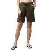 Enamor Essentials Women's Mid Rise Relaxed Fit 100% Cotton Knee Length Shorts Bermuda with Elasticated Waistband and Pockets - E080(E080-Army Green -XL),Army Green