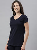 Enamor Essentials Women'S Short Sleeve V Neck Slim Fit Breathable Stretch Cotton Tee - E067(E067-Navy-L)