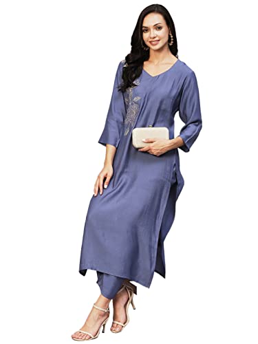 Anni Designer Women'S Cotton Blend Straight Embroidered Kurta With Pant (Miti Blue-Nw_M_Blue_Medium),Blue,M