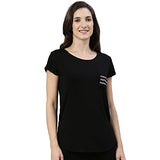 Enamor Essentials Women's Relaxed Fit Hip Length Cap Sleeves Scoop Neck 4 Way Stretch Soft & Luxurious Viscose Spandex Lounge Tee - E301(E301-Jet Black /Positive Graphic-L),Jet Blk/Positive