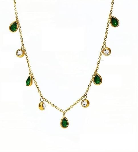 Gold Teardrop Zircon Necklace for Women Green & White Gem Dangle Charm 18K Gold-Plated Stainless Steel Chain 15.7''+2.7'' Adj