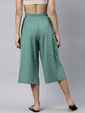 Enamor Essentials Women's High Waisted Relaxed Fit Capri Length Breathable Pure Cotton Culottes with Pockets & Adjustable Drawstring - E402(E402-Fern Green-L),Fern Green