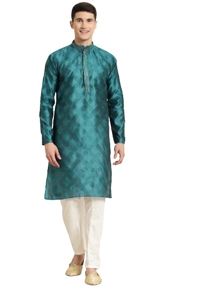 Sojanya (Since 1958 Men'S Jacquard Silk Peacock Blue Self Design Kurta & Off White Churidar Pyjama Set
