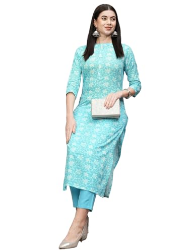 Gosriki Women'S Cotton Blend Straight Printed Kurta With Pant (Evika Blue-Nw-Gs_L_Blue_Large),Blue,,B0CSG5417Z
