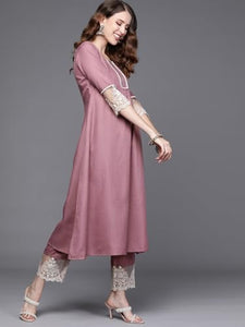 Alvami Women Emboridered Anarkali Kurta And Pant Set With Dupatta (Xl) Pink