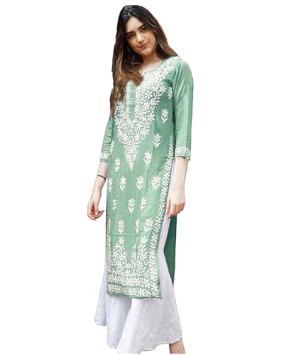 Anni Designer Women'S Rayon Blend Straight Chikankari Embroidered Kurta (Victoria Green_L_White_Large),Green,L
