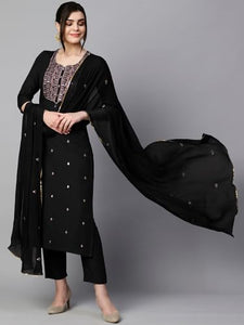 Gosriki Women'S Cotton Blend Embroidered Straight Kurta With Pant & Dupatta (Kasturi Black-Al-Gs_Xl_Black_X-Large),Black,,B0D2955PDH