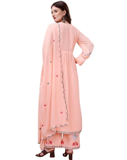 Fashion Basket Women'S Faux Georgette Embroidered Straight Kurta With Dupatta (Xxx-Large, Peach)