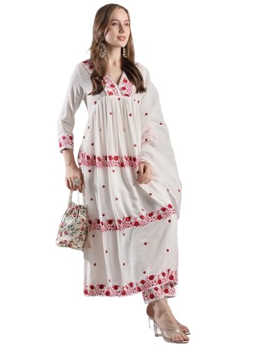 Anni Designer Women'S Rayon Blend Anarkali Embroidered Kurta With Pant & Dupatta (Raashi Cream-Vks02_L_Cream_Large),Cream,L