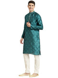 Sojanya (Since 1958 Men'S Jacquard Silk Peacock Blue Self Design Kurta & Off White Churidar Pyjama Set Peacock Blue & Gold Xl