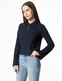 Fyltr Women'S Casual Crop Tee With Classic Collar & Flared Sleeves - Contrast Buttons | Stylish Patch Pocket With Flap,Vainly Navy,Vainly Navy,S