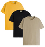 ADRO T Shirts Pack of 3 Mens Tshirts Cotton T Shirts for Men Pack of 3 T Shirts Regular fit Tshirts Combo T Shirts Solid Tshirt for Men | RCM3-PLN-BL-BE-MU-S,Black,Beige,Mustard