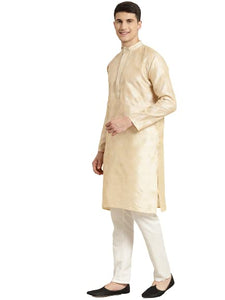 Sojanya (Since 1958 Men'S Jacquard Silk Cream & Self Design Kurta & Off White Churidar Pyjama Set Cream & Gold S