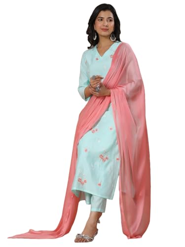 Anni Designer Women'S Rayon Blend Straight Embroidered Kurta With Pant & Dupatta (Baad Green-Vks04_L_Green_Large),Green,L