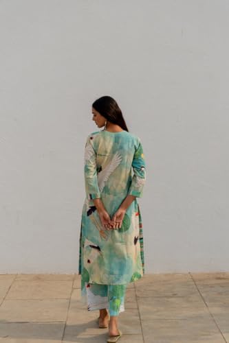 Anni Designer Women'S Cotton Blend Straight Printed Kurta With Palazzo (Swans See Green_L_See Green_Large),See Green,L,Cotton Blend,Regular,