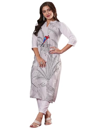 Anni Designer Women'S Cotton Blend Straight Printed Kurta With Pant (Nabhita White-Vks07_S_White_Small),White,S