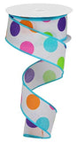 Multi Polka Dots on Canvas Wired Edge Ribbon, 10 Yards (White, Turquoise, 1.5 Inch)